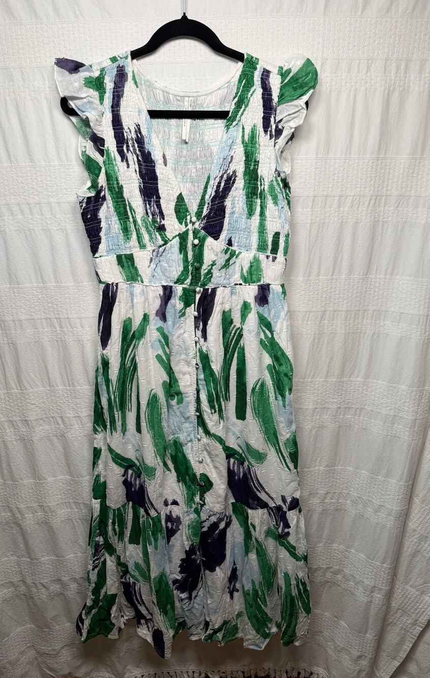 Antropologie The Peregrine Flutter Sleeve Midi Dress, Navy/Green, Size Large